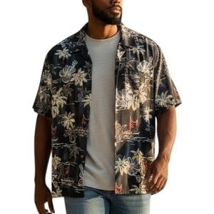 KENNINGTON LTD CALI Mens XL Aloha Hawaiian Shirt Floral Palm Tree Sailboat Black